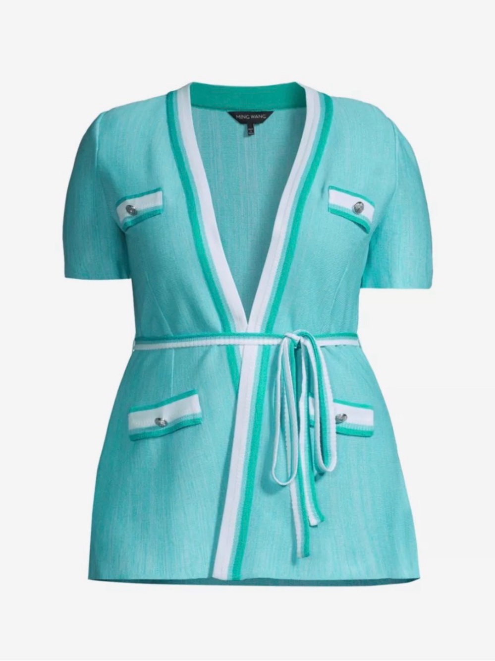Ming Wang Plus 1X Contrast Trim Tie-Waist Knit Jacket Cardigan NWT Aqua Career